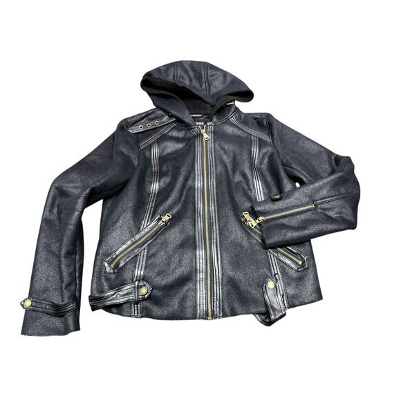 Express Faux Leather Hooded Moto Jacket Black Gold Zip Details Size Large - Picture 2 of 10